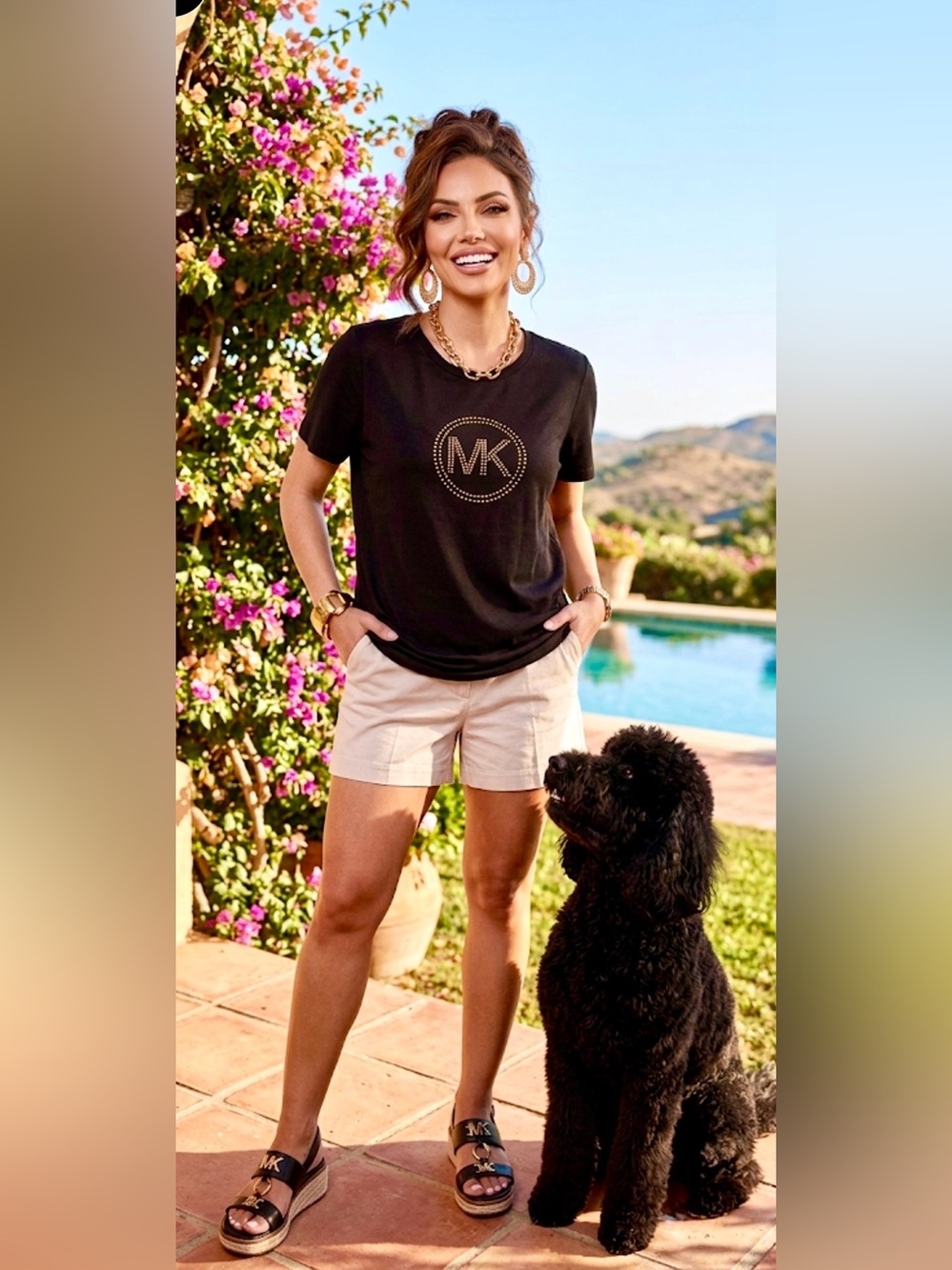 Michael Kors Black Tee with Gold MK Stud Logo